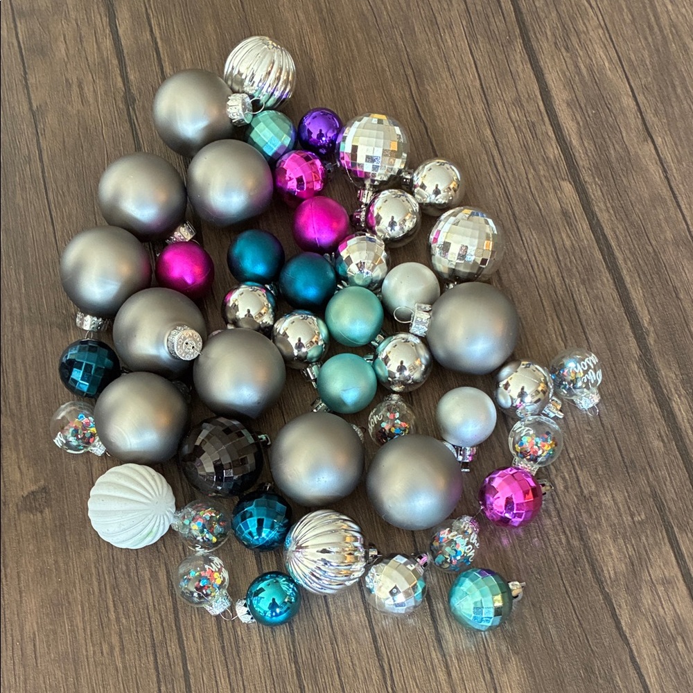 Lot of Mini Silver and Multicolor Christmas Ornaments